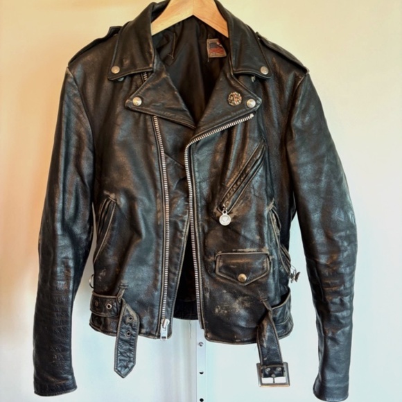 Distress Leather Motorcycle Jacket and Gloves - Picture 2 of 11